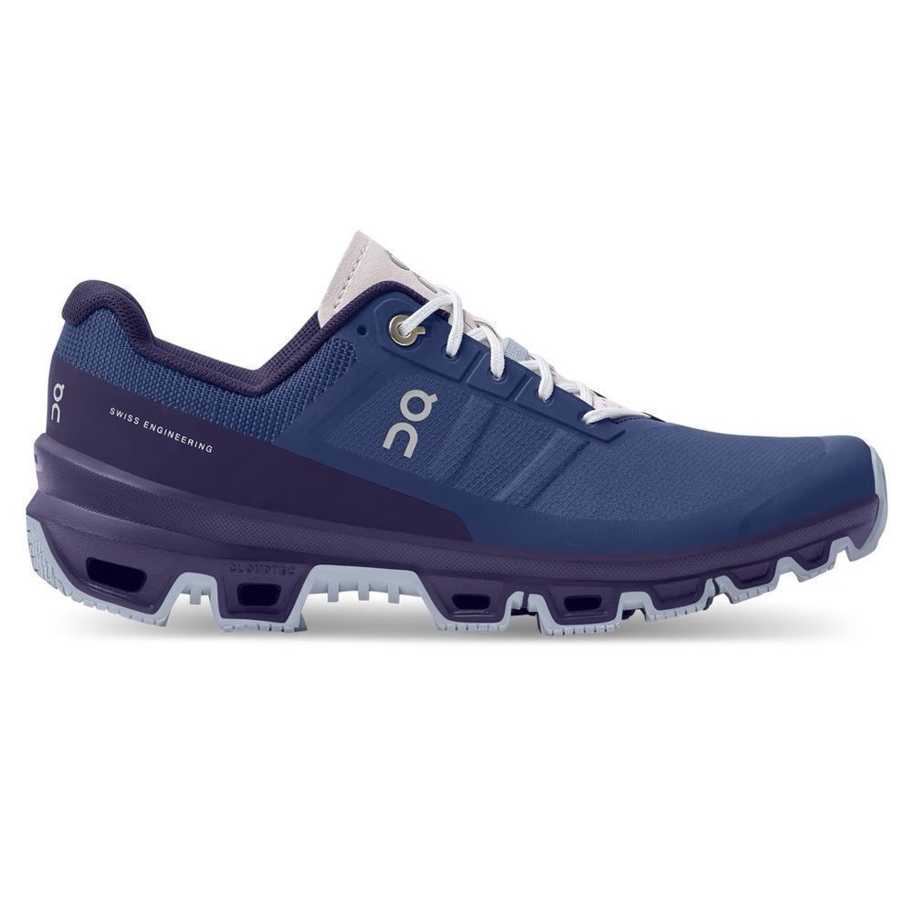 On Running Women's Trail Shoe in Navy Blue and Purple with White Laces